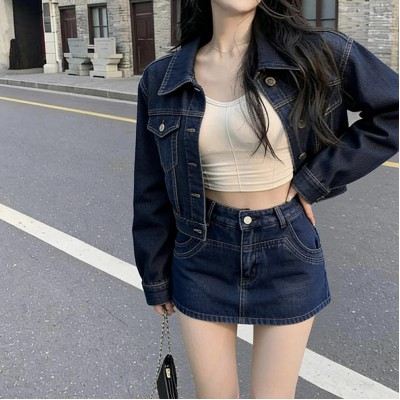 深蓝色高腰A字牛仔裤裙